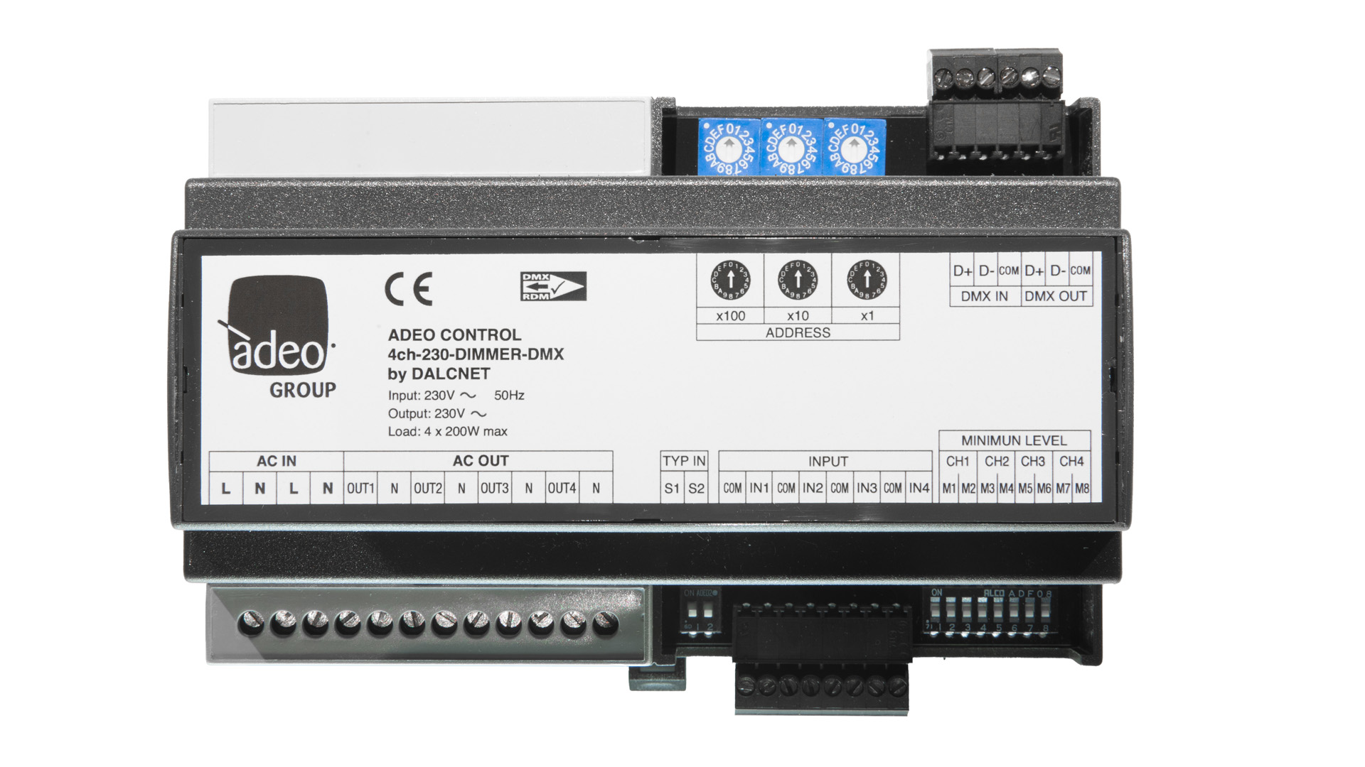 4ch230DIMMERDMX Dimmer DMX a taglio di fase 230V 4ch Adeo Group S.r.l.